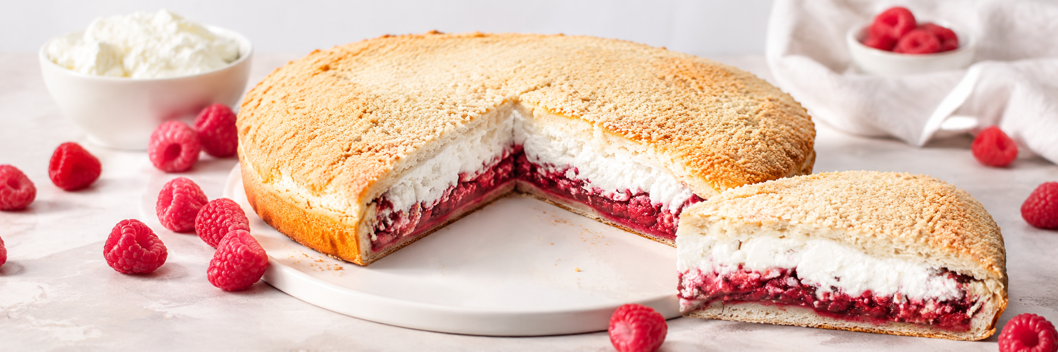 Аппетитный пирог с творогом и малиной